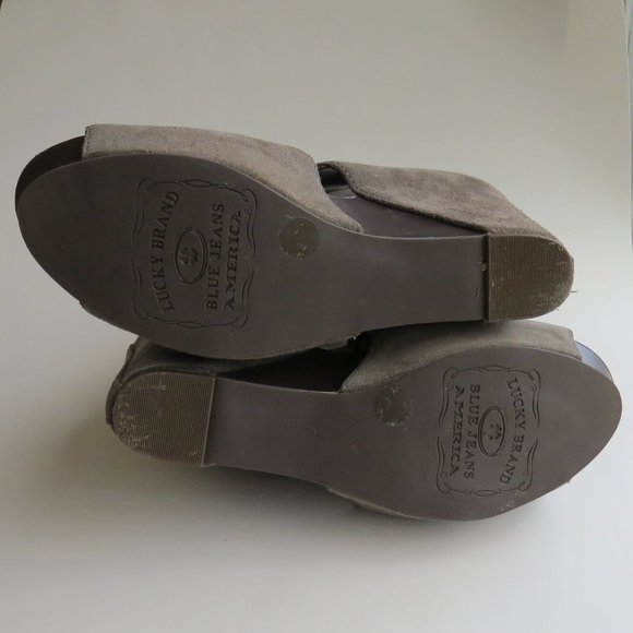 Lucky Brand Nellie WEDGE SUEDE BOOTIE Platform Lace Up PEEP TOE Sz 8.5 M GREY - Picture 5 of 9